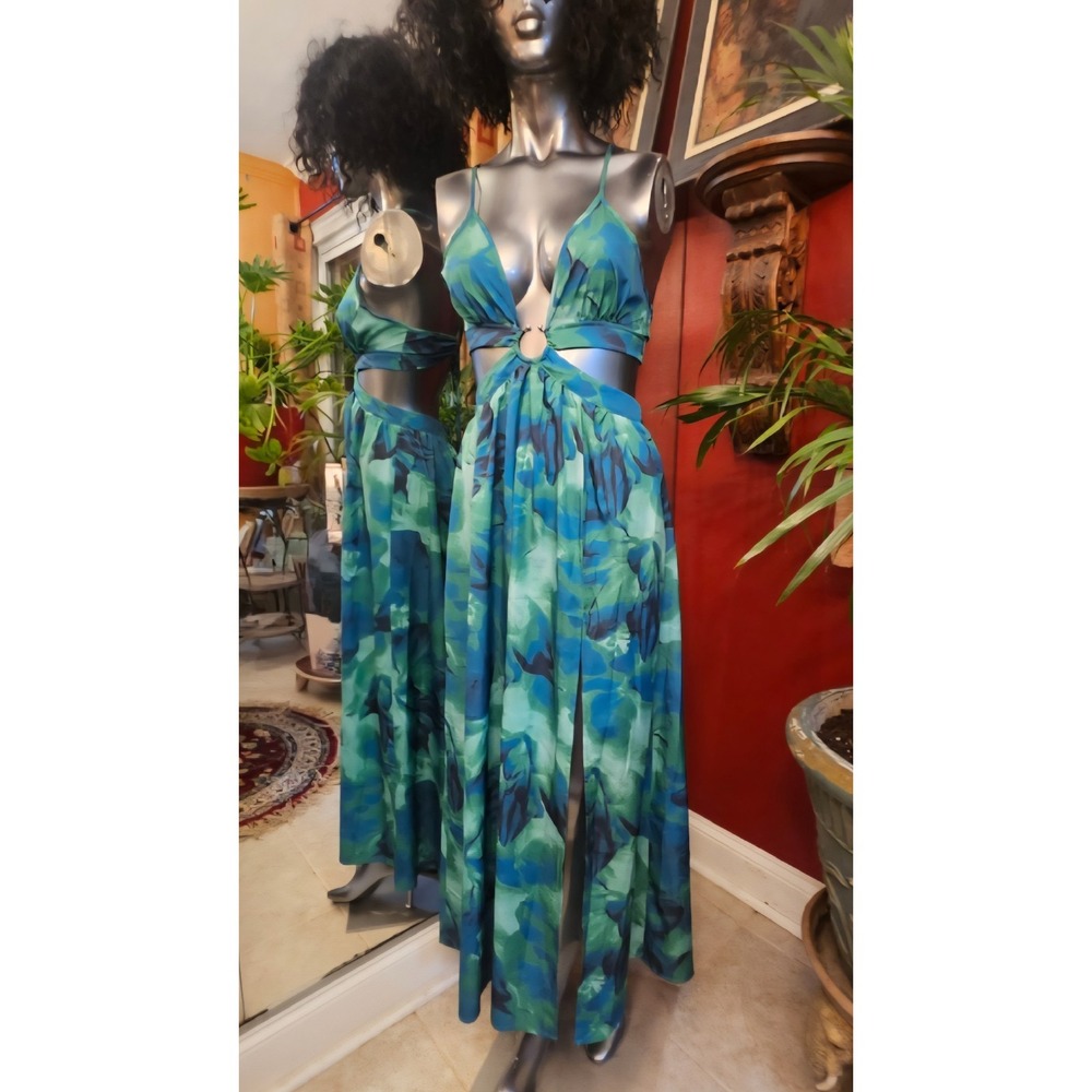 NWOT Green Floral Cutout Maxi Dress S Open Back Plunge Neck High Slit Vacation
